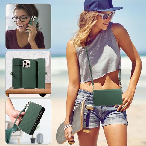 Asuwish Phone Case for iPhone 16 Pro 6.3 inch Zipper Wallet Detachable Cell Cover with Tempered Glass Screen Protector Crossbody Lanyard Strap Flip Card Holder i Phone16 i16 16Pro Women Girls Green in Kuwait