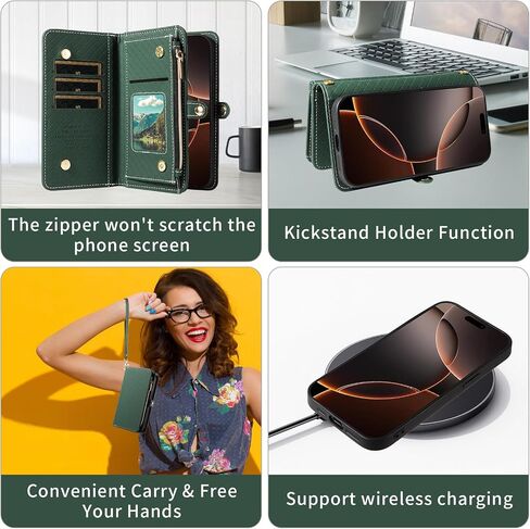 Asuwish Phone Case for iPhone 16 Pro 6.3 inch Zipper Wallet Detachable Cell Cover with Tempered Glass Screen Protector Crossbody Lanyard Strap Flip Card Holder i Phone16 i16 16Pro Women Girls Green in Kuwait