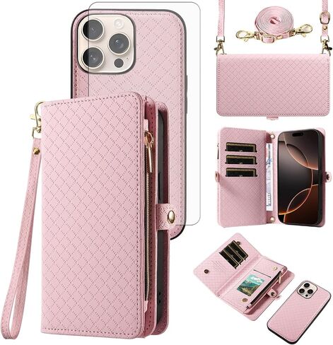 Asuwish Phone Case for iPhone 16 Pro 6.3 inch Zipper Wallet Detachable Cell Cover with Tempered Glass Screen Protector Crossbody Lanyard Strap Flip Card Holder i Phone16 i16 16Pro Women Girls Green in Kuwait