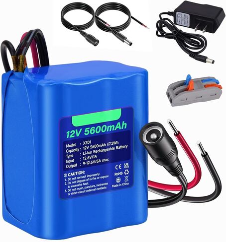 Rechargeable 12V 5600mAh Li-ion Battery, Bare Leads Wire Replacement Battery Pack with Charger Compatible with 12V Devices Robot,RC car, Solar Panels, DIY, LED Light Strip, CCTV Camera etc in Kuwait