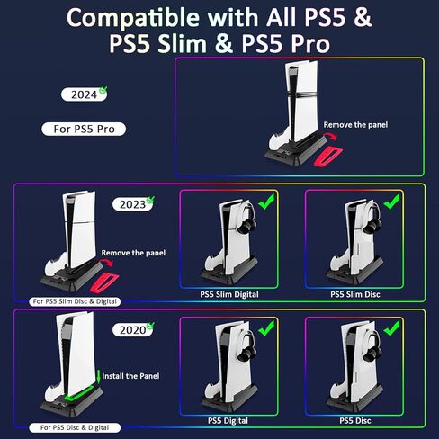 محطة تبريد PS5، حامل PS5 رفيع عموديًا مع RGB LED، محطة شحن وحدة تحكم مزدوجة لجهاز PS5-أبيض in Kuwait