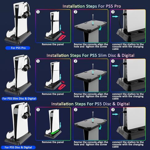 محطة تبريد PS5، حامل PS5 رفيع عموديًا مع RGB LED، محطة شحن وحدة تحكم مزدوجة لجهاز PS5-أبيض in Kuwait
