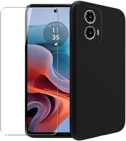 حالة Motorola Moto G34 + حامي الشاشة الزجاجية مخففة - سليكون شفاف ناعم مرن مرن الصدمة قشرة حماية TPU لموتورولا موتو G34 (أسود) in Kuwait