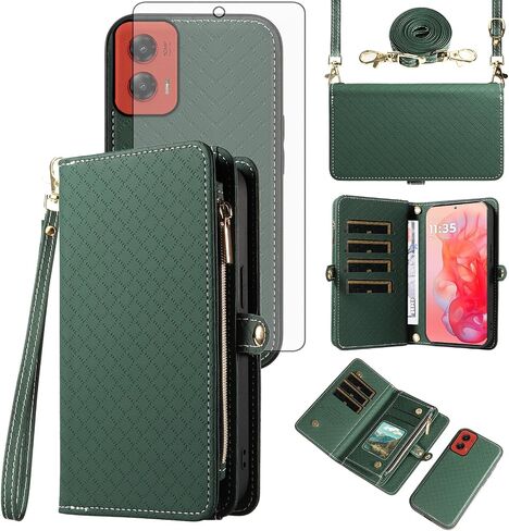 Asuwish Phone Case for Motorola Moto G Stylus 5G 2024 Zipper Wallet Detachable Cell Cover with Tempered Glass Screen Protector Crossbody Lanyard Strap Flip Card Holder Slot G5 Women Men Girls Green in Saudi Arabia