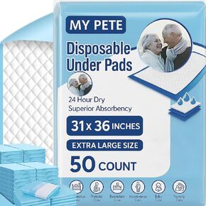 Disposable Underpads [50-Pack] 36"x31" Incontinence Pads for Adults, Elderly, Babies & Pets - Absorbent, Leak-Proof, Waterproof Bed Pads, Pet Training Pee Pads, Ideal for Baby Changing & Elderly Care