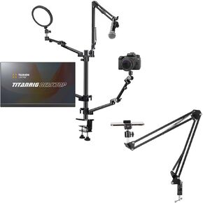 Tarion Camera Desk Mount + حامل الهاتف العلوي | ذراع حامل الهاتف الخليوي للمكتب الأسود + 4 في 1 المكتب الكاميرا المكتبي المكتب