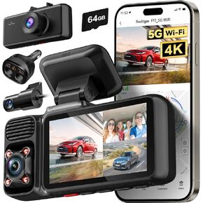 REDTIGER 4K 3 Channel Dash Cam 5G WiFi Built-in GPS with 64GB Card with 4 in 1 Car Charger Adapter