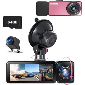3 Channel Dash Cam Front and Rear Inside,2.5K UHD Front Vital Dash Cam,Free 64G SD Card,3.18" IPS Large Screen Dash Camera for Cars,IR Night Vision, Interior Car Camera 24/7 Driving Recording(Pink