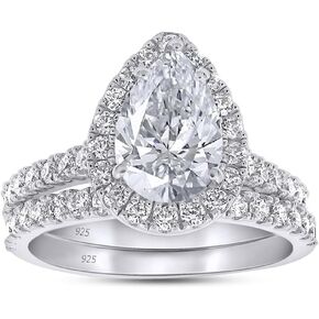 2CT 925 Sterling Silver Gold Over Bridal Ring Set Teardrop Lab Created Moissanite Diamond Halo Engagement Ring Pear Promise Ring Marquise Wedding Band for Women G-H/VVS1