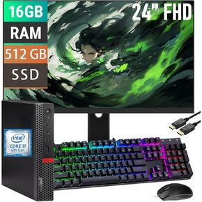 Lenovo ThinkCentre M920Q Tiny Gamer Desktop PC with 24-inch FHD Monitor, Core i7-8700T, 16 GB RAM, 512 GB SSD, Keyboard and Mouse, HDMI, Gaming, Windows 10 Pro (Renewed)