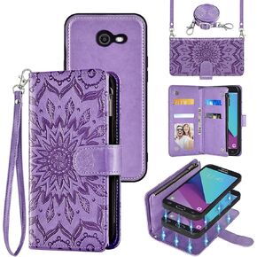 Phone Case for Samsung Galaxy J3 Luna Pro J 3 Prime 2017 Emerge 3J Eclipse Mission Zipper Wallet Magnetic Detachable Cell Cover with Screen Protector Strap Flip Card Holder Slot S327VL Women Men Gray