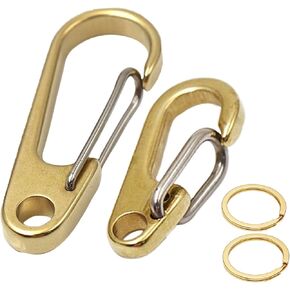 Brass Carabiner Clip, Heavy Duty Key Ring, Keychain Hook 1.9" & 2.3" for Belt, 2 Pcs Metal Locking and Stainless Spring Snap, Climbing Backpack Camping Small Hooks