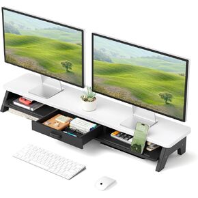 Dual Monitor Stand Riser,LED 2-Tier 39.3 Inch Computer Monitor Stand for 2 Monitors,Office Desktop Organizer with Storage Drawer and Phone Holder for Laptop,PC,Computer,Printer,Walnut Finish