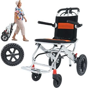 Portable Folding Wheelchair, Travel Wheelchair with handbrake, Ultra-Light Wheelchair for The Elderly and Children (with Bag) (12 inch PU Rear Wheel)