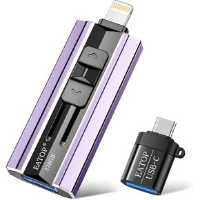 128GB Flash Drive Intended for iPhone iPad Android and Computers, 4 in 1 Photo Stick for Phone Memory Storage Easily Backup Photos Videos, Plug and Play, No Application Required (Light Purple)