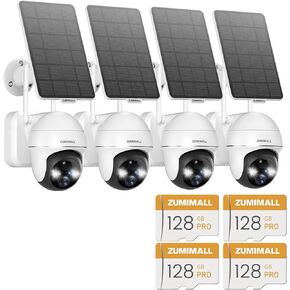 ZUMIMALL Security Cameras Wireless Outdoor - 4 Packs, 360° PTZ Outdoor Camera Wireless Solar Powered, 128GB SD Card for Outdoor Security Cameras - 4-Pack