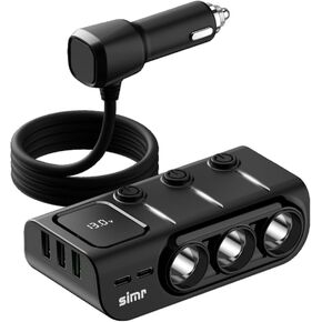 3 Socket Cigarette Lighter Splitter 3 USB+2 Type C Port Quick Car Charger Adapter with LED Voltage Display and on/Off Switch for iPhone Samsung