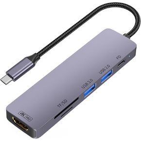 USB C Hub, 6 in 1 USB-C Splitter with 100W Power Delivery, 2 USB-A Data Ports, SD/TF Card Reader, Type C to 4K HDMI Adapter Dongle for MacBook, Laptop and More
