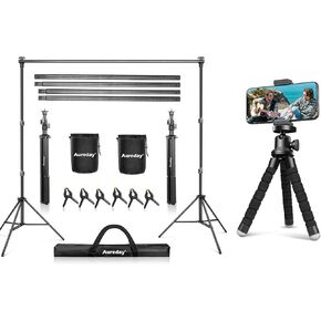 Aureday Backdrop Stand, 10x7Ft Adjustable Photo Backdrop Stand Kit for Parties/Photography Bundle with Phone Tripod, Portable Small Tripod with Wireless Remote and Clip for Vlogging/Selfie