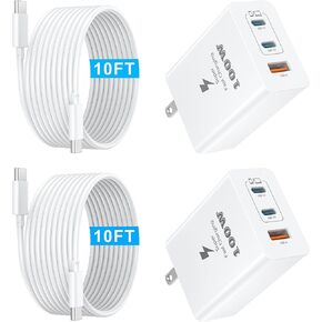USB C Fast Charger Block 100W 3-Ports Type C Wall Charger Compact GaN Multiport Adapter with 10FT USBC Charging Cable Cords*2 Pack for MacBook Pro/Air,iPad,iPhone 16/15/14/13,Samsung Galaxy, Pixel