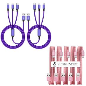 كابل USB C المضفر من النايلون الممتاز (5 عبوات ، 3/3/6/6/10 قدم) وكابل شحن متعدد الأرجواني (2Pack 4ft)