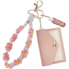 Blue 3 in 1 Bohemian Handmade Knitted Flower Keychain Bracelet Pendant Phone Chain + Card Organizer Bag + Lipstick Knitted Mesh Pocket
