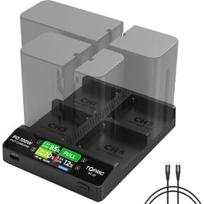 4-Channel NP-F Battery Charger with Cable, LCD Screen Indicator Light, PD100W Fast Charging, Support Switch Charging Modes, Compact and Portable, Compatible with Sony NP-F550 F750 F970 Adapter