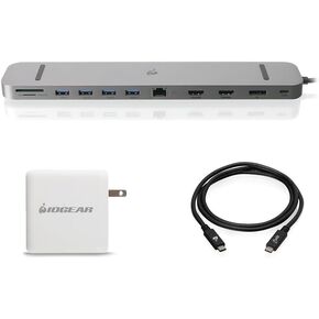 IOGEAR USB-C Triple Display Dock Station - 4K 60Hz GUD3C4K3 with USB-C 6Ft Cable and 100W USB-C GaN Charger Adapter Bundle