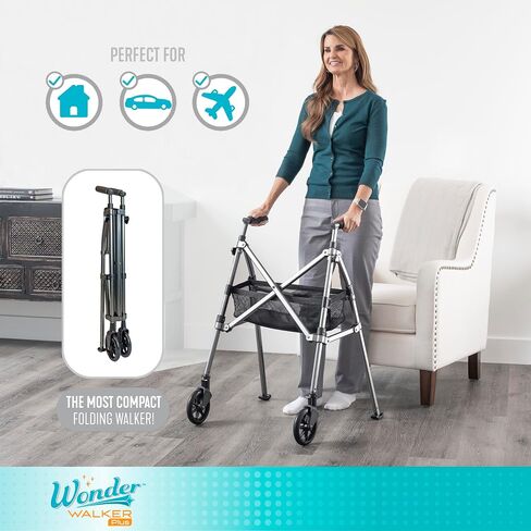 مشاية Stander EZ Fold-N-Go، مشاية خفيفة الوزن قابلة للطي للبالغين وكبار السن وكبار السن، مشاية سفر قابلة للطي مع عجلات، منزلقات تزلج، وحقيبة، مشاية قياسية مدمجة، Regal Rose in Kuwait