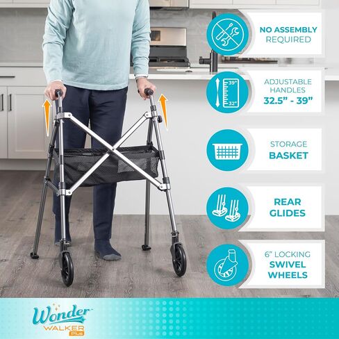 مشاية Stander EZ Fold-N-Go، مشاية خفيفة الوزن قابلة للطي للبالغين وكبار السن وكبار السن، مشاية سفر قابلة للطي مع عجلات، منزلقات تزلج، وحقيبة، مشاية قياسية مدمجة، Regal Rose in Kuwait