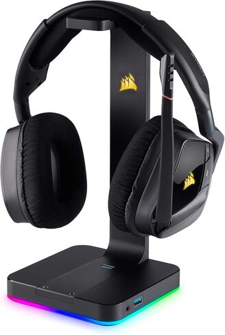 Corsair ST100 RGB Premium Headphones/Headset Stand (Durable Aluminium Construction, Dynamic 9 Zone RGB Lighting, Built-in 3.5 mm Analog Input with Virtual 7.1 Surround, Dual USB, Black in Saudi Arabia