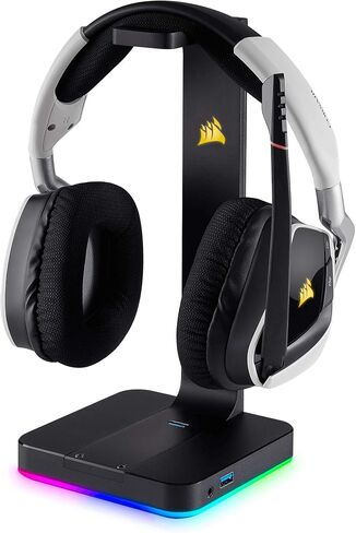 Corsair ST100 RGB Premium Headphones/Headset Stand (Durable Aluminium Construction, Dynamic 9 Zone RGB Lighting, Built-in 3.5 mm Analog Input with Virtual 7.1 Surround, Dual USB, Black in Saudi Arabia