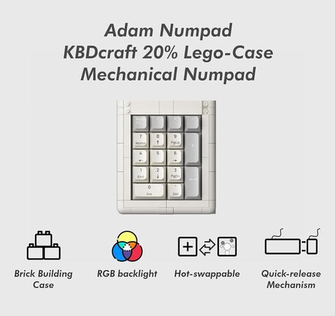 01ADAM 20 ٪ Numpad ، 17 مفتاحًا ، حالة متوافقة مع LEGO ، Keycaps PBT ، MATKET MOUNT ، قابلة للتبديل الساخن ، سلكي ، مفتاح خطي ، RGB ، QMK ، قارورة لـ WIN/MAC ، مجموعة كاملة ، أبيض in Kuwait