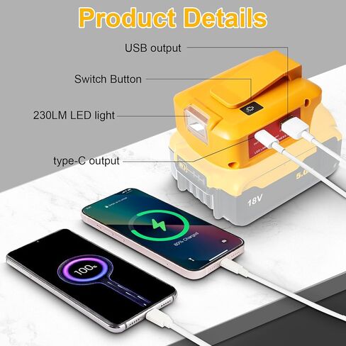 محول بطارية USB ADP05 لبطاريات ماكيتا 18 فولت، مع منافذ USB ونوع C وDC للسترات الساخنة، وشحن سريع وإضاءة LED للاستخدام الخارجي in Kuwait