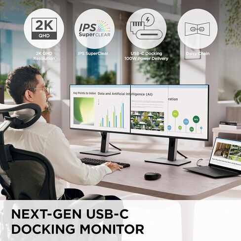 ViewSonic VG2758-2K 27 Inch 1440p Docking Monitor, IPS Display with 100W USB-C for Smooth Home and Office Productivity, Full Ergonomic Adjustability, RJ45, HDMI, 5-Port USB Hub, and DisplayPort Inputs in Saudi Arabia