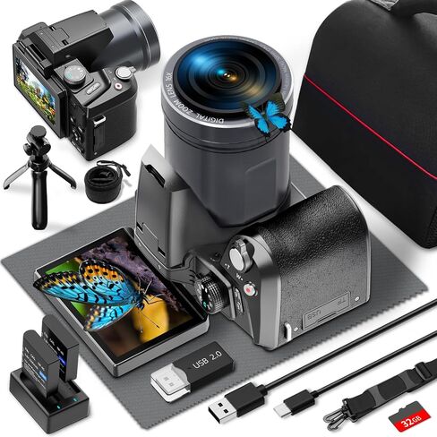 64MP Digital Camera for Photography, 4K Vlogging Camera for YouTube with 3" Flip Screen,16X Digital Zoom, WiFi& Autofocus,2 Batteries, 32GB TF Card(S200,Black) in Saudi Arabia