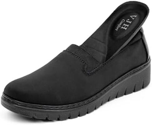 VJH confort Women’s Loafers Round Toe Slip on Comfort Arch Support Walking Shoes(Black,9) in Saudi Arabia