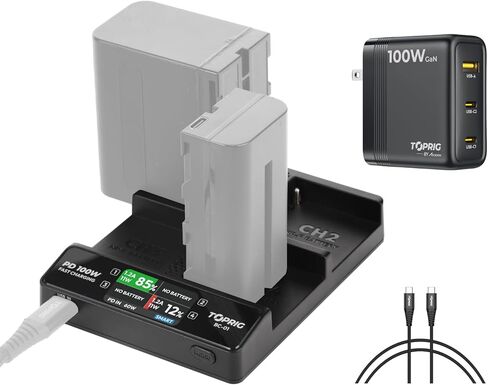 شاحن بطارية NP-F ذو 4 قنوات مع كابل، ضوء مؤشر شاشة LCD، شحن سريع PD100W، يدعم أوضاع شحن التبديل، صغير الحجم ومحمول، متوافق مع محول Sony NP-F550 F750 F970 in Kuwait