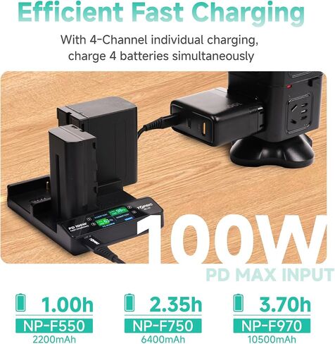 شاحن بطارية NP-F ذو 4 قنوات مع كابل، ضوء مؤشر شاشة LCD، شحن سريع PD100W، يدعم أوضاع شحن التبديل، صغير الحجم ومحمول، متوافق مع محول Sony NP-F550 F750 F970 in Kuwait