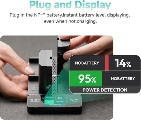 شاحن بطارية NP-F ذو 4 قنوات مع كابل، ضوء مؤشر شاشة LCD، شحن سريع PD100W، يدعم أوضاع شحن التبديل، صغير الحجم ومحمول، متوافق مع محول Sony NP-F550 F750 F970 in Kuwait
