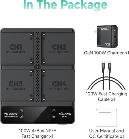شاحن بطارية NP-F ذو 4 قنوات مع كابل، ضوء مؤشر شاشة LCD، شحن سريع PD100W، يدعم أوضاع شحن التبديل، صغير الحجم ومحمول، متوافق مع محول Sony NP-F550 F750 F970 in Kuwait