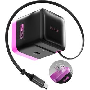 شاحن IWALK 65W GAN مع كبل USB-C قابل للسحب قابل للسحب ، جهازان ميني سفر ميني سفر شاحن شحن جدران قابل للطي لـ MacBook Pro و iPad Pro و AirPods و iPhone 16/15 Pro Max و Galaxy S25/S24 والمزيد