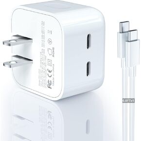 35W Dual USB-C Port Compact Power Adapter(for iPhone 16 Charger Adapter 15/14/13/12 Pro Max Plus Mini/AirPods Wall Charger Type C Fast Charging Block) Include a C to C Cable for iPad