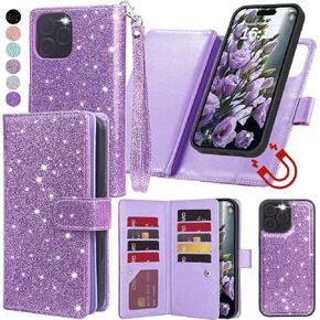 Varikke for iPhone 12 Wallet Case قابل للفصل مع حامل البطاقة للنساء ، حزام جلدي بريق بريق قوي مغناطيسي محفظة قابلة للإزالة للهاتف لـ iPhone 12 و 12 Pro 6.1 "، Light Purple