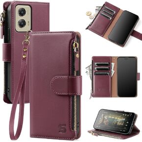 Compatible with Motorola Moto G Stylus 5G 2024 Wallet Case with Card Holder,Women Men RFID Blocking PU Leather Phone Case Flip Protective Cover Wrist Strap Zipper Credit Card Slots,Wine Red