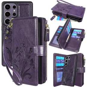 Lacass Case Wallet for Samsung Galaxy S25 Ultra, [12 Card Slots] ID Credit Cash Holder Zipper Pocket Detachable Leather Wallet Cover with Wrist Strap Lanyard（Floral Light Purple）