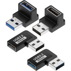 90 Degree USB 3.2 Adapter (4 Pack), Up and Down and Left and Right Angle USB A Male to Female Extender Connector for PC, Laptop, Hard Drive, Keyboard, USB A Charger, Power Bank