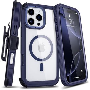 Magnetic Case Designed for iPhone 16 Pro Max Case with Belt Clip Holster, Magnetic Wireless Charging, Anti-Yellowing, Full-Body Clear Phone Case for iPhone 16 Pro Max (Clear & Black)