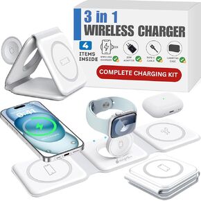 Foldable 3 in 1 Wireless Charger (Kit) WITH (20W PD Adapter)& (Carrying Case) Wireless 3-in-1 Folding Travel Charger for Apple devices, Magnetic Charger for iPhone 15 14 13 12 Pro/Max iWatch & AirPods