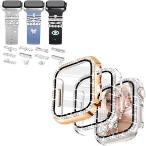 JR.DM 11-Pcs Silver Super Bling Watch Charms Bundle 2 Pack Bling Apple Watch Case 40mm Starlight/Rose Gold